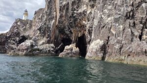 Sea caves beneath the Bass Rock lighthouse